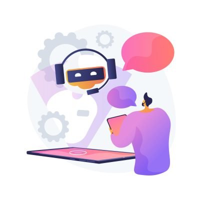 Dialog with chatbot. Artificial intelligence reply to question. Tech support, instant messaging, hotline operator. AI assistant. Client bot consultant. Vector isolated concept metaphor illustration.